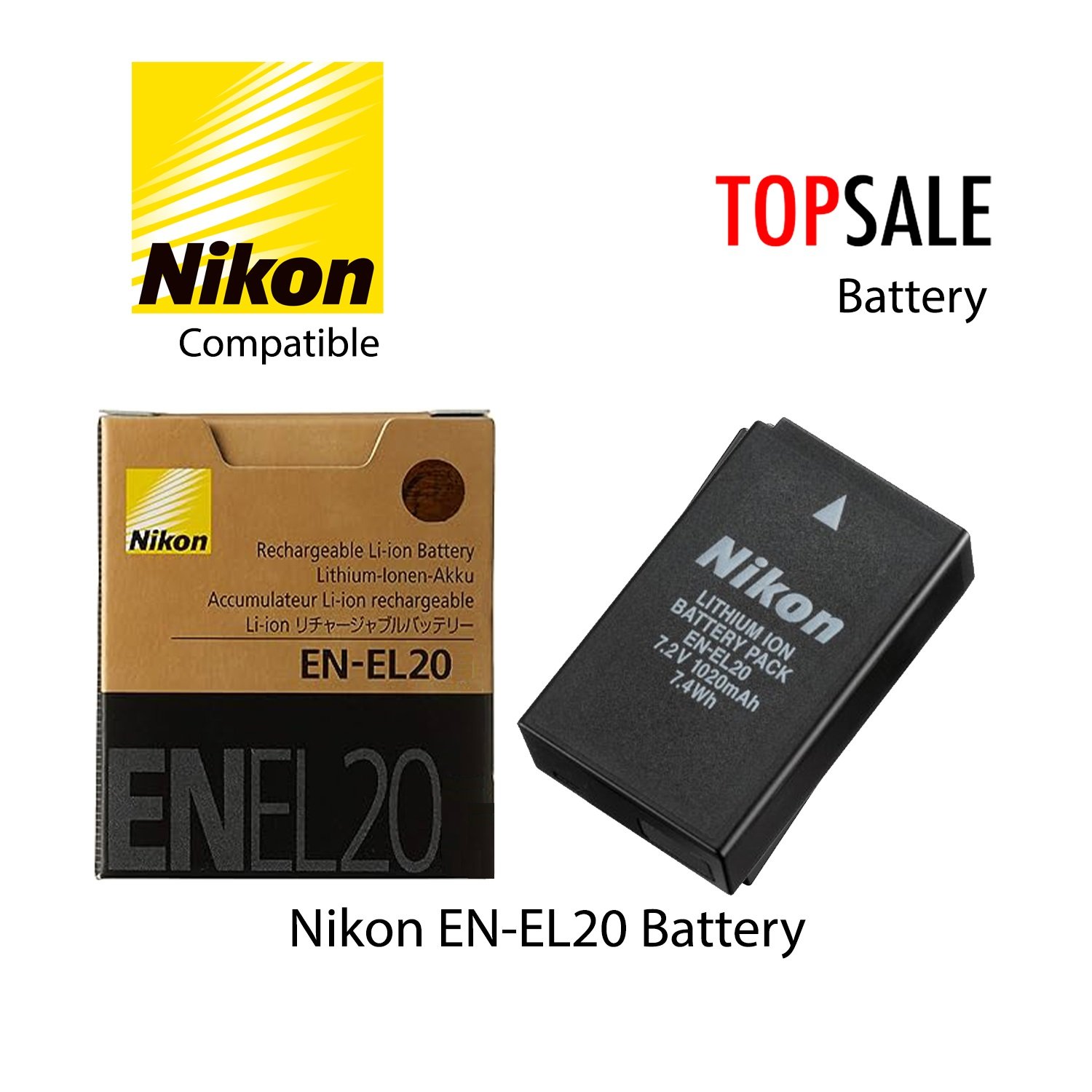 2 Batterie EN-EL20 / EN-EL20A Da 1900 MAh, 7.4V, Compatibili Con Nikon Coolpix P1000, P950, J1, J2, J3, S1, V3 E AW1