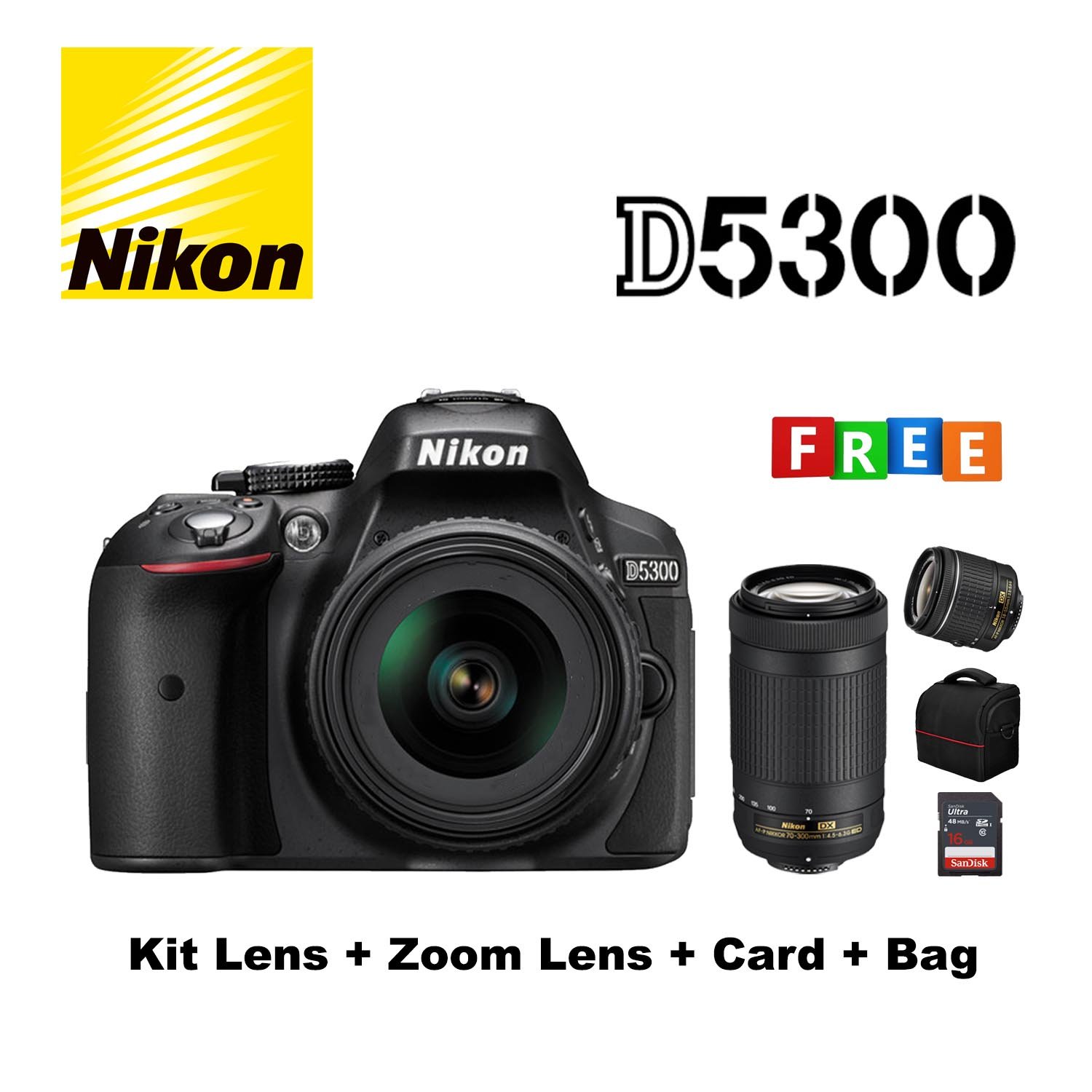 Nikon D5300 Kit Lens + Zoom Lens + Card + Bag - Mega City