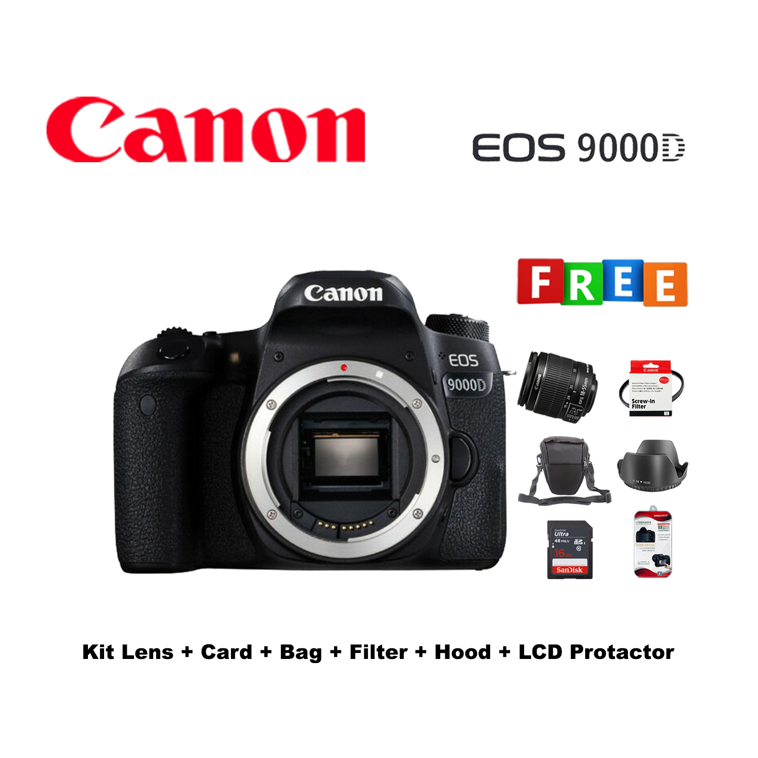 Canon EOS 9000D DSLR Camera Kit lens Card Bag Hood Protector  Filter