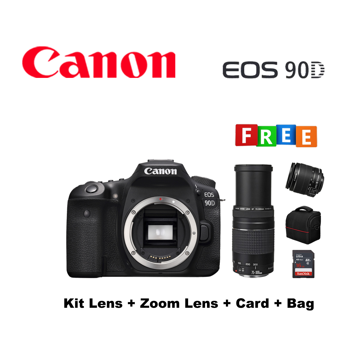 Canon EOS 90D DSLR Camera Kit Lens Zoom Lens Card Bag