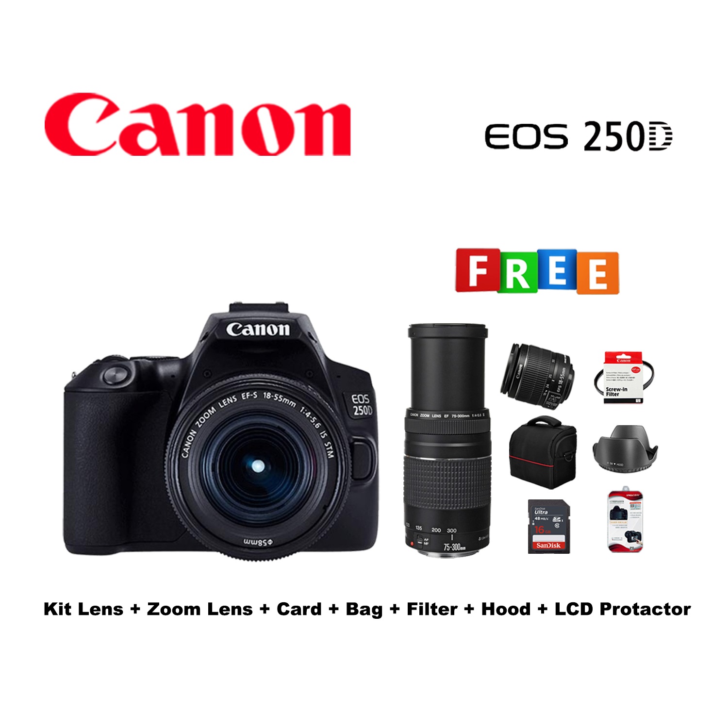 Canon EOS 250D DSLR Camera Kit lens+Zoom Lens Card Bag Hood  Protector Filter