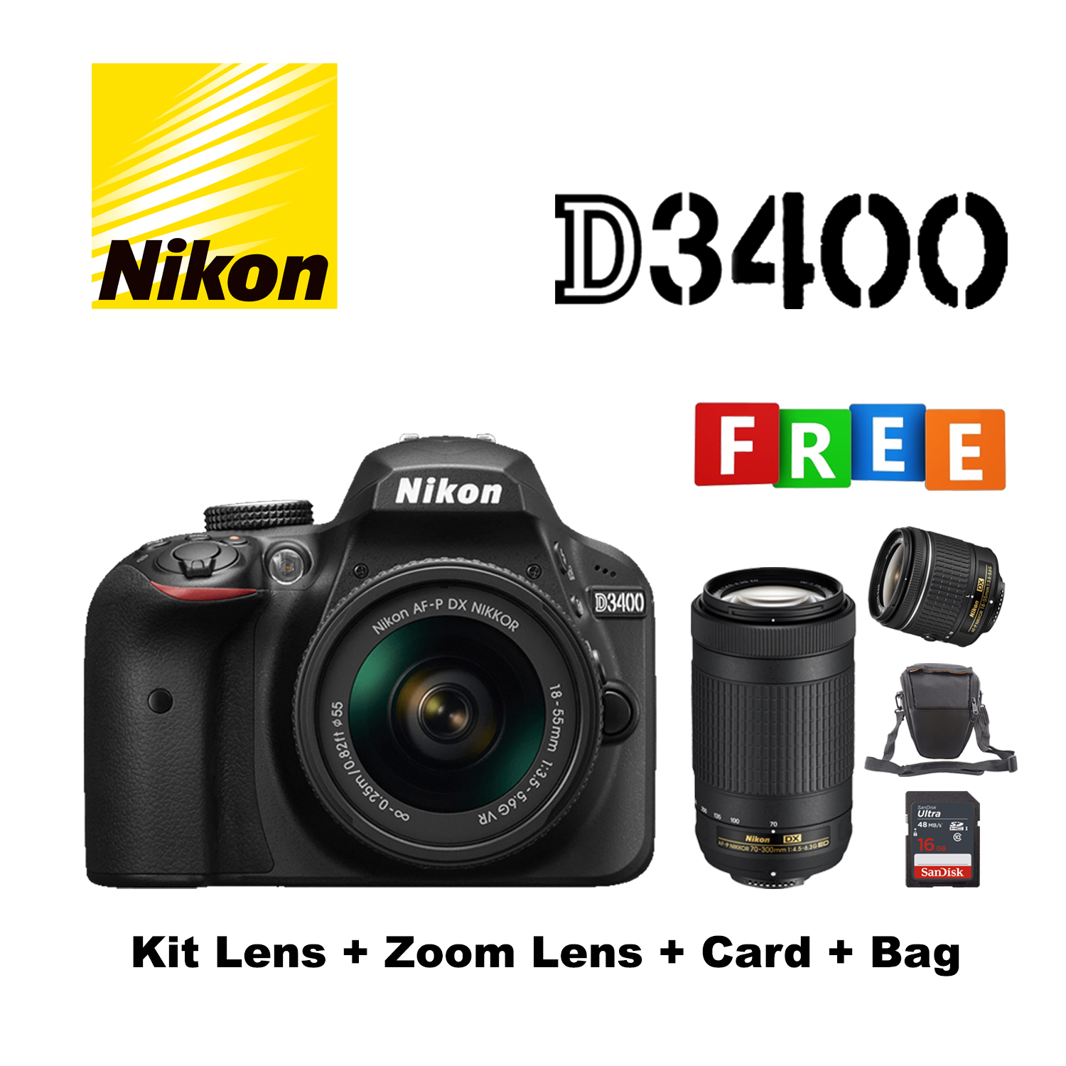 Nikon D3400 Kit Lens Zoom Lens Card Bag
